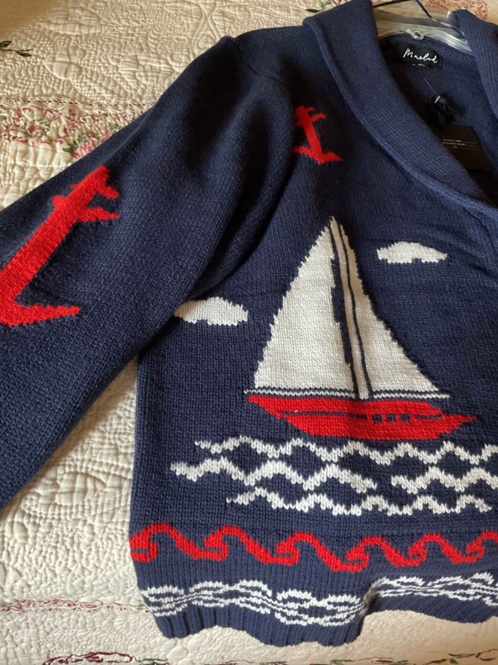 NWT Marine Navy Blue Cotton Long Sleeves Knit Vacation Open Front Woman Jacket - Picture 7 of 15